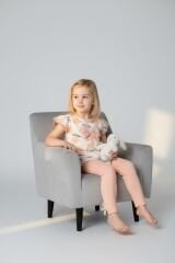 Kız Çocuk Çiçek Desenli Fiyonk Detaylı Pamuklu Taytlı Takım - 2'li Kombin PUDRA PEMBE 3-4 Yaş