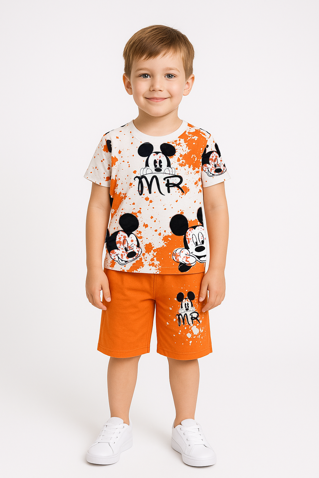 Zara Model Erkek Çocuk Mickey Mouse MR Baskılı Yazlık Şort Tişört Takım (5-12 Yaş)  %100 Pamuk  İkili Set 11-12 Yaş - TURUNCU