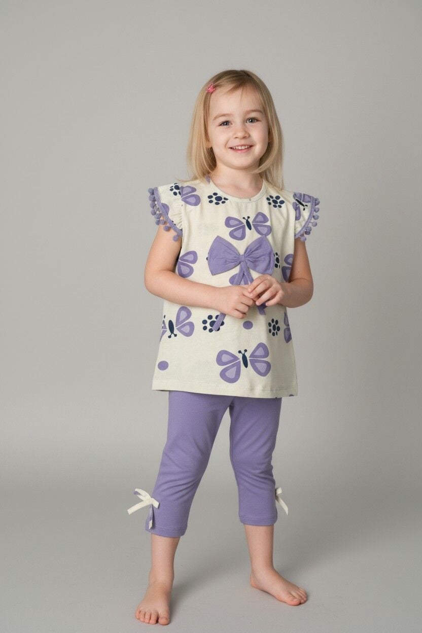 Kız Çocuk Çiçek Desenli Fiyonk Detaylı Pamuklu Taytlı Takım - 2'li Kombin LİLA 3-4 Yaş