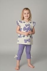 Kız Çocuk Çiçek Desenli Fiyonk Detaylı Pamuklu Taytlı Takım - 2'li Kombin LİLA 3-4 Yaş