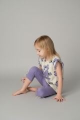 Kız Çocuk Çiçek Desenli Fiyonk Detaylı Pamuklu Taytlı Takım - 2'li Kombin LİLA 3-4 Yaş