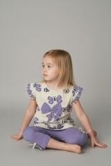 Kız Çocuk Çiçek Desenli Fiyonk Detaylı Pamuklu Taytlı Takım - 2'li Kombin LİLA 3-4 Yaş