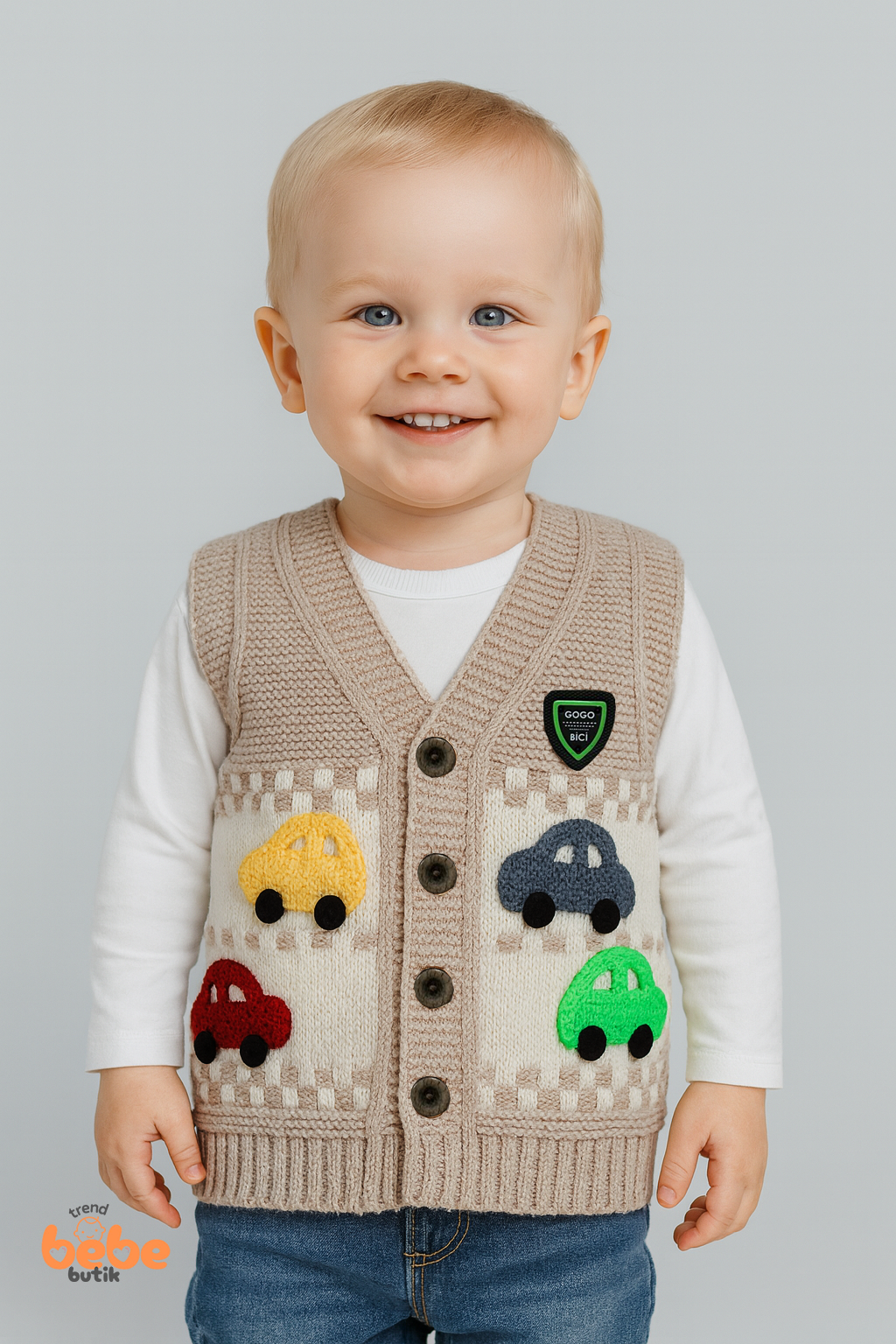 Erkek Çocuk & Bebek Araba Desenli Triko Yelek 1-4 Yaş | Baharlık & Kışlık Örgü Düğmeli Hırka Yelek