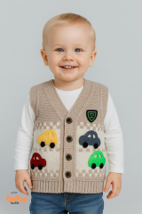 Erkek Çocuk & Bebek Araba Desenli Triko Yelek 1-4 Yaş | Baharlık & Kışlık Örgü Düğmeli Hırka Yelek