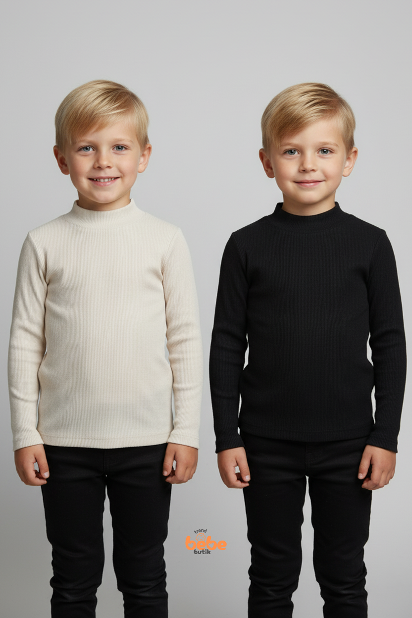 Erkek Çocuk 2’li Set Esnek Kaşkorse Fitilli Boğazlı Uzun Kollu Body Pamuklu İçlik & Günlük Basic Üst