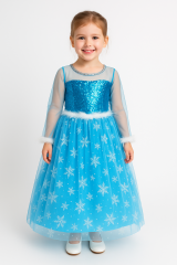 Uzun Kollu Frozen Elsa Kar Tanesi Desenli Tarlatanlı Mavi Kız Çocuk Abiye Elbise Prenses Kostüm 2 Yaş