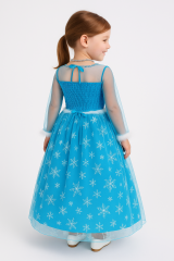 Uzun Kollu Frozen Elsa Kar Tanesi Desenli Tarlatanlı Mavi Kız Çocuk Abiye Elbise Prenses Kostüm 2 Yaş