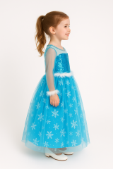 Uzun Kollu Frozen Elsa Kar Tanesi Desenli Tarlatanlı Mavi Kız Çocuk Abiye Elbise Prenses Kostüm 2 Yaş