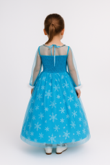 Uzun Kollu Frozen Elsa Kar Tanesi Desenli Tarlatanlı Mavi Kız Çocuk Abiye Elbise Prenses Kostüm 2 Yaş
