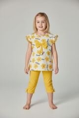 Kız Çocuk Çiçek Desenli Fiyonk Detaylı Pamuklu Taytlı Takım - 2'li Kombin SARI 3-4 Yaş