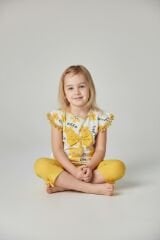 Kız Çocuk Çiçek Desenli Fiyonk Detaylı Pamuklu Taytlı Takım - 2'li Kombin SARI 3-4 Yaş