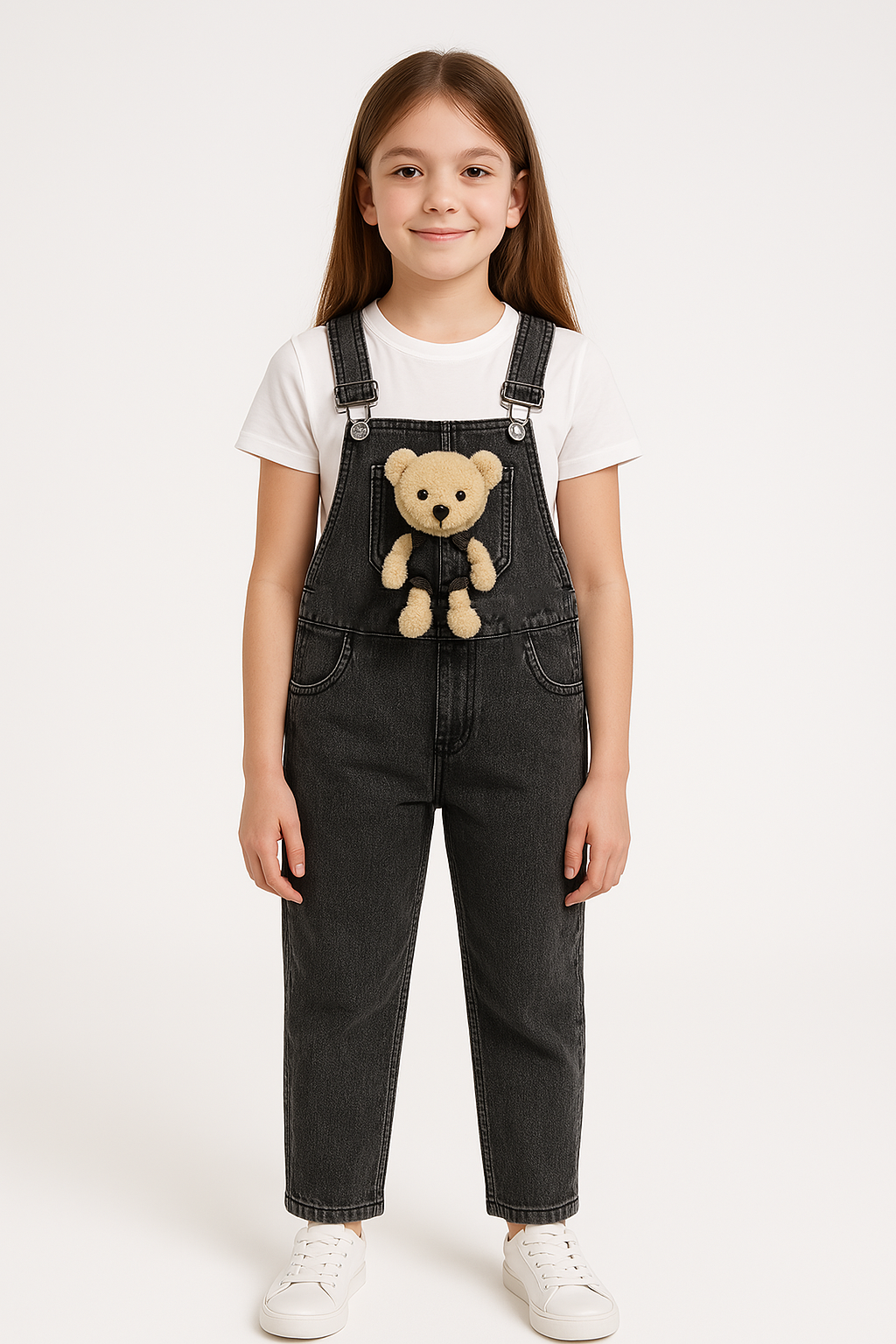 Peluş Ayıcık Detaylı Kız Çocuk Kot Salopet Tulum 3-10 Yaş Rahat Günlük Yazlık Denim Kıyafet GRİ - 3-4 Yaş