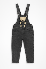 Peluş Ayıcık Detaylı Kız Çocuk Kot Salopet Tulum 3-10 Yaş Rahat Günlük Yazlık Denim Kıyafet GRİ - 3-4 Yaş