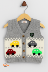 Erkek Çocuk & Bebek Araba Desenli Triko Yelek 1-4 Yaş | Baharlık & Kışlık Örgü Düğmeli Hırka Yelek