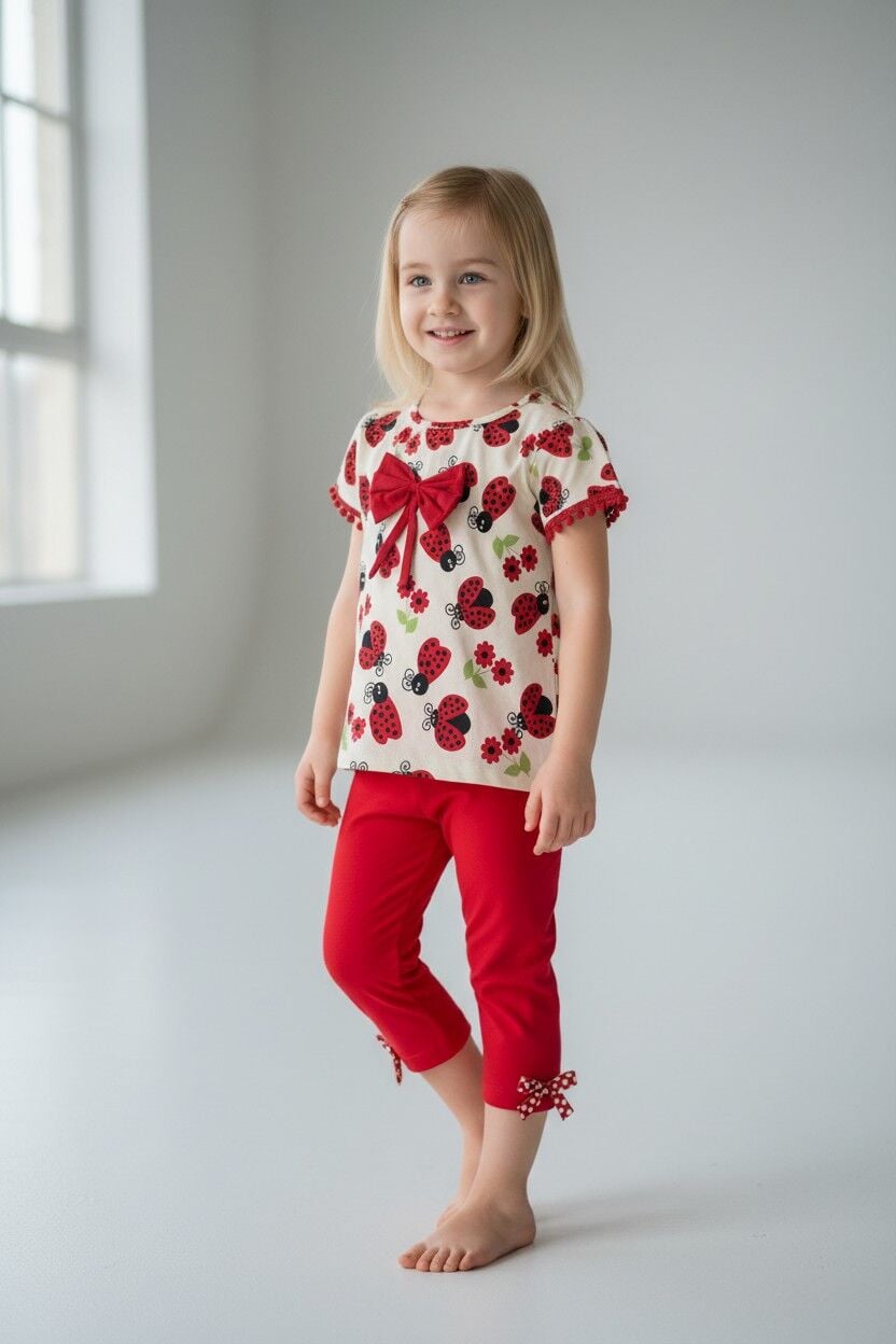 Kız Çocuk Çiçek Desenli Fiyonk Detaylı Pamuklu Taytlı Takım - 2'li Kombin KIRMIZI 3-4 Yaş