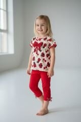 Kız Çocuk Çiçek Desenli Fiyonk Detaylı Pamuklu Taytlı Takım - 2'li Kombin KIRMIZI 3-4 Yaş