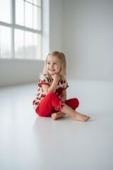 Kız Çocuk Çiçek Desenli Fiyonk Detaylı Pamuklu Taytlı Takım - 2'li Kombin KIRMIZI 3-4 Yaş