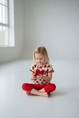 Kız Çocuk Çiçek Desenli Fiyonk Detaylı Pamuklu Taytlı Takım - 2'li Kombin KIRMIZI 3-4 Yaş