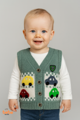 Erkek Çocuk & Bebek Araba Desenli Triko Yelek 1-4 Yaş | Baharlık & Kışlık Örgü Düğmeli Hırka Yelek