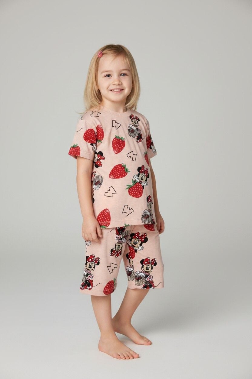 Kız Çocuk Çilek ve Karakter Desenli Pamuklu Pijama Takımı - Kısa Kollu Şortlu Set 3-4 Yaş