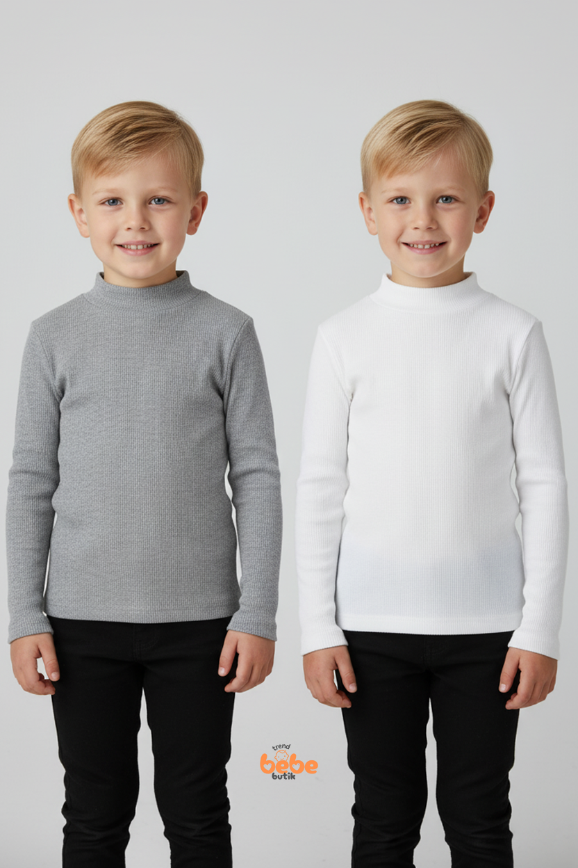 Erkek Çocuk 2’li Set Esnek Kaşkorse Fitilli Boğazlı Uzun Kollu Body Pamuklu İçlik & Günlük Basic Üst