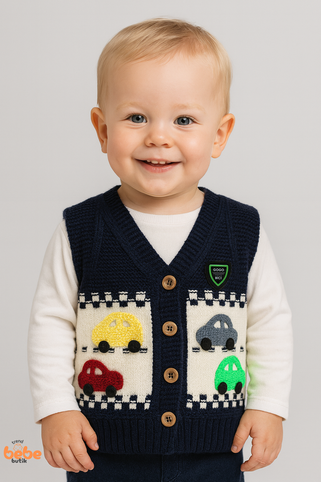 Erkek Çocuk & Bebek Araba Desenli Triko Yelek 1-4 Yaş | Baharlık & Kışlık Örgü Düğmeli Hırka Yelek