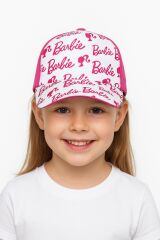 Kız Çocuk  Barbie Yazı Desenli Şapka 6-12 Yaş | Pembe-Beyaz Ayarlanabilir Yazlık Kep | Güneş Şapkası 6-12  Yaş
