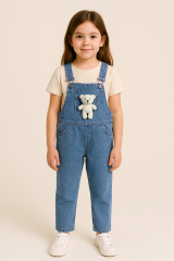 Peluş Ayıcık Detaylı Kız Çocuk Kot Salopet Tulum 3-10 Yaş Rahat Günlük Yazlık Denim Kıyafet Mavi