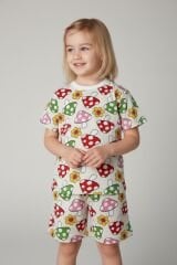 Kız Çocuk Mantar ve Çiçek Desenli Pamuklu Pijama Takımı - Kısa Kollu Şortlu Set 3-4 Yaş