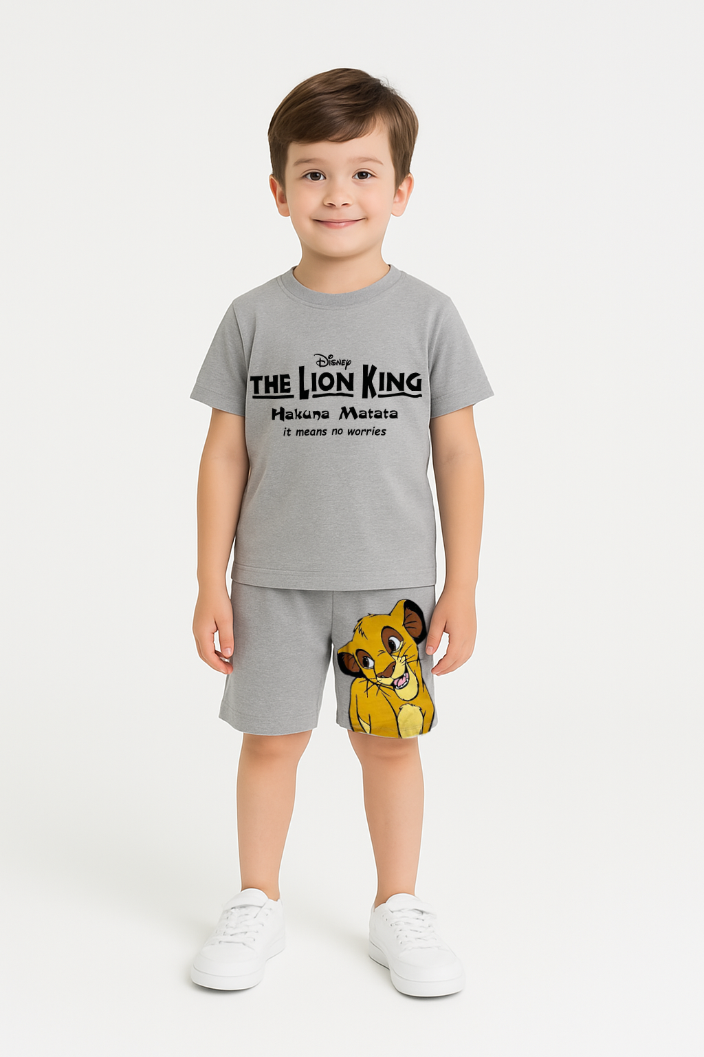 Zara Model Erkek Çocuk The Lion King Simba Baskılı Yazlık Şortlu Takım (3-8 Yaş) | %100 Pamuk Gri Disney Takım 4 YAŞ