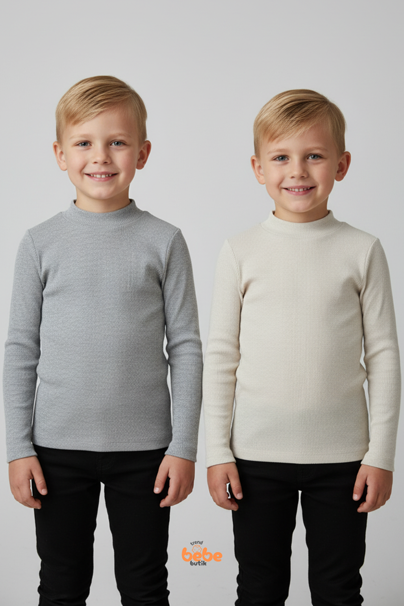 Erkek Çocuk 2’li Set Esnek Kaşkorse Fitilli Boğazlı Uzun Kollu Body Pamuklu İçlik & Günlük Basic Üst