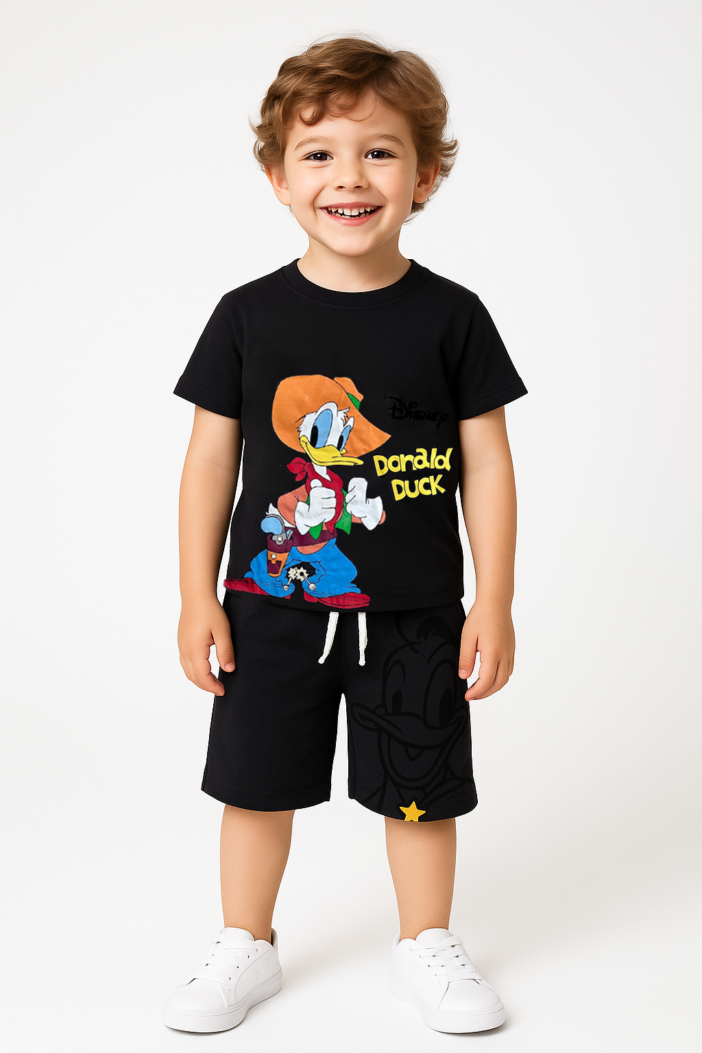 Zara Model Erkek Çocuk Donald Duck Baskılı Siyah Şortlu Takım Yazlık %100 Pamuk Karakterli İkili Set Koyu Gri 4 YAŞ