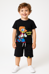 Zara Model Erkek Çocuk Donald Duck Baskılı Siyah Şortlu Takım Yazlık %100 Pamuk Karakterli İkili Set Koyu Gri 4 YAŞ