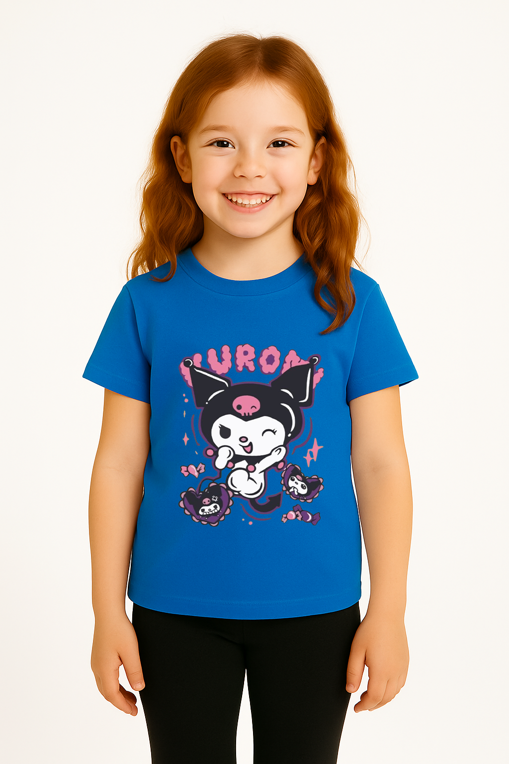 Kuromi Karakter Baskılı Kız Çocuk Tişört Moda Renkli Pamuklu Yazlık Günlük Tshirt Basic Kısa Kollu Mavi 3-4 Yaş
