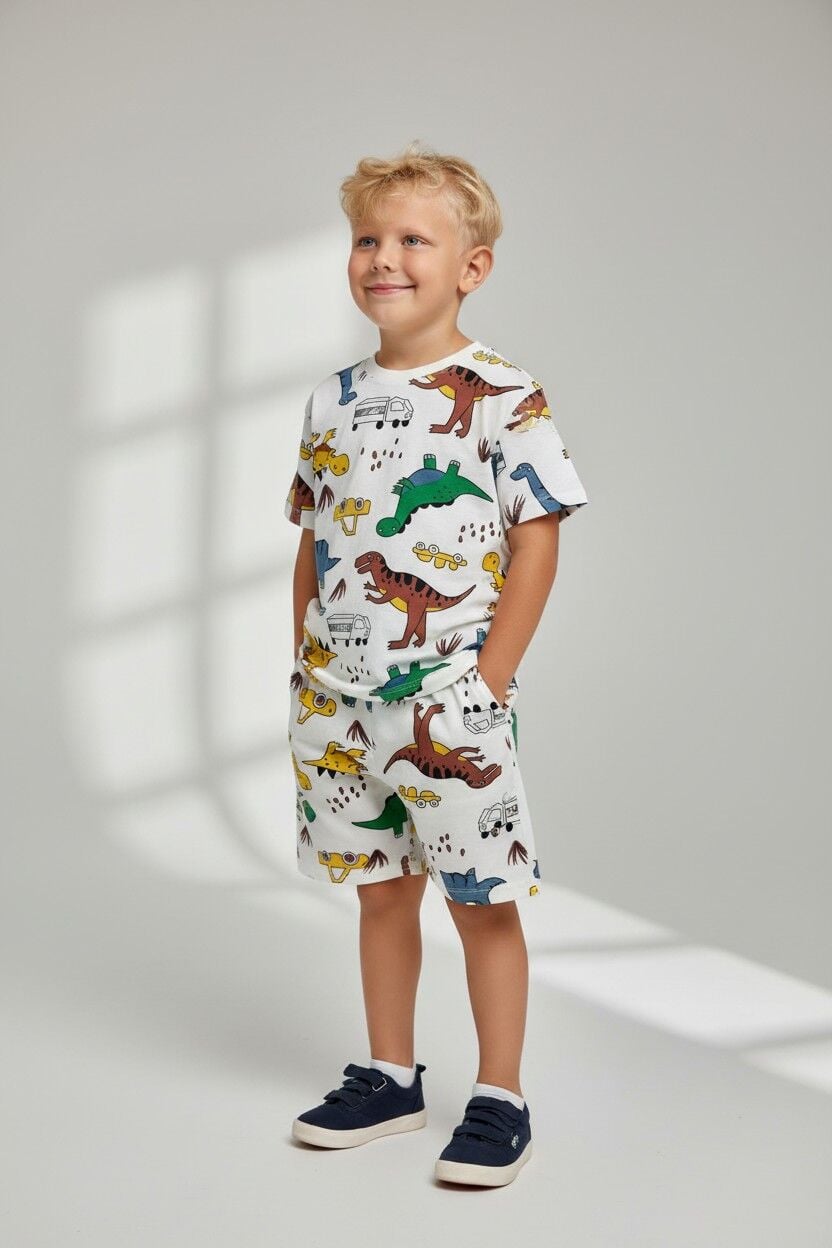 Erkek Çocuk Dinozor Desenli Pamuklu Pijama Takımı - Kısa Kollu Şortlu Set 3-4 Yaş