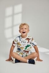 Erkek Çocuk Dinozor Desenli Pamuklu Pijama Takımı - Kısa Kollu Şortlu Set 3-4 Yaş