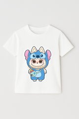Labubu Baskılı Erkek Çocuk Tişörtü  Kısa Kollu T-Shirt Eğlenceli Karakterli Yazlık Üst Pamuklu Tişört Beyaz 3-4 Yaş