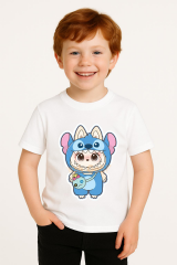 Labubu Baskılı Erkek Çocuk Tişörtü  Kısa Kollu T-Shirt Eğlenceli Karakterli Yazlık Üst Pamuklu Tişört Beyaz 3-4 Yaş