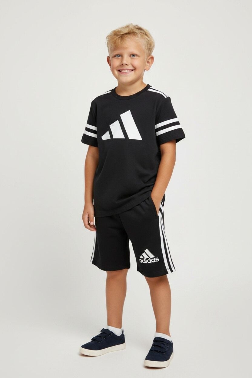 Erkek Çocuk Spor Tasarım Şortlu Takım - Pamuklu Kısa Kollu İkili Set SİYAH 11-12 Yaş