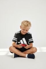 Erkek Çocuk Spor Tasarım Şortlu Takım - Pamuklu Kısa Kollu İkili Set SİYAH 11-12 Yaş