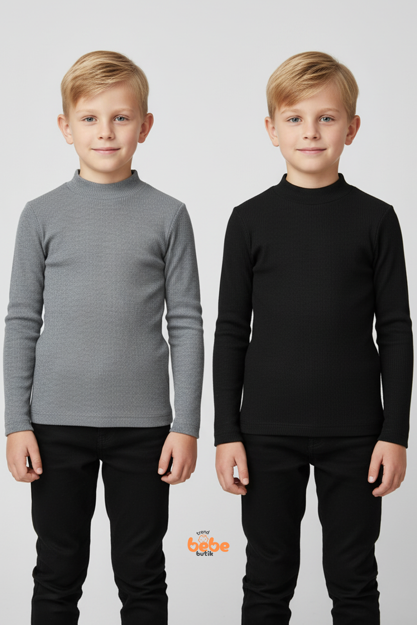 Erkek Çocuk 2’li Set Esnek Kaşkorse Fitilli Boğazlı Uzun Kollu Body Pamuklu İçlik & Günlük Basic Üst