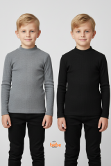 Erkek Çocuk 2’li Set Esnek Kaşkorse Fitilli Boğazlı Uzun Kollu Body Pamuklu İçlik & Günlük Basic Üst
