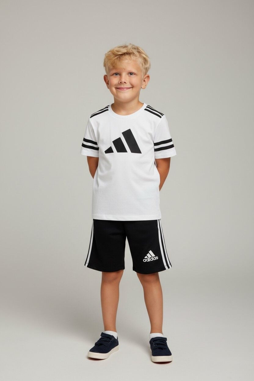 Erkek Çocuk Spor Tasarım Şortlu Takım - Pamuklu Kısa Kollu İkili Set BEYAZ 15-16 Yaş