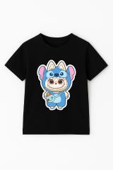 Labubu Baskılı Erkek Çocuk Tişörtü  Kısa Kollu T-Shirt Eğlenceli Karakterli Yazlık Üst Pamuklu Tişört Siyah 3-4 Yaş