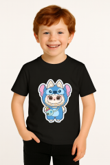 Labubu Baskılı Erkek Çocuk Tişörtü  Kısa Kollu T-Shirt Eğlenceli Karakterli Yazlık Üst Pamuklu Tişört Siyah 3-4 Yaş