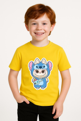 Labubu Baskılı Erkek Çocuk Tişörtü  Kısa Kollu T-Shirt Eğlenceli Karakterli Yazlık Üst Pamuklu Tişört Sarı 3-4 Yaş