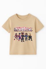 Roblox Baskılı Kısa Kollu Pamuklu Erkek Çocuk Tişörtü | Renkli Oyun Karakterli Yazlık Tshirt BEJ - 3-4 Yaş