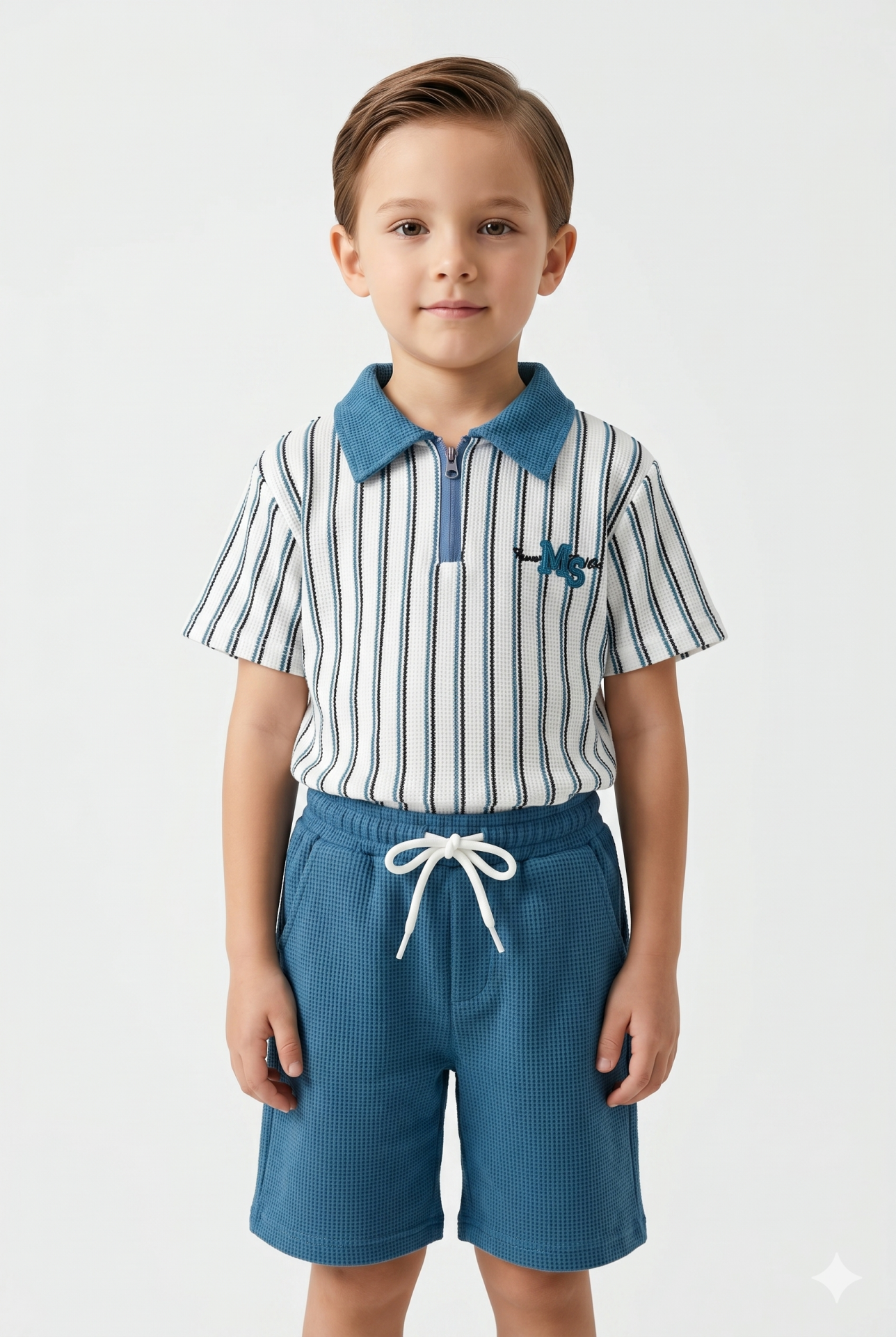 Erkek Çocuk Fermuar Detaylı Çizgili Polo Yaka Şortlu Takım MAVİ 3-4 Yaş