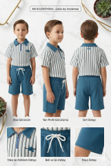 Erkek Çocuk Fermuar Detaylı Çizgili Polo Yaka Şortlu Takım MAVİ 3-4 Yaş