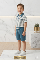 Erkek Çocuk Fermuar Detaylı Çizgili Polo Yaka Şortlu Takım MAVİ 3-4 Yaş